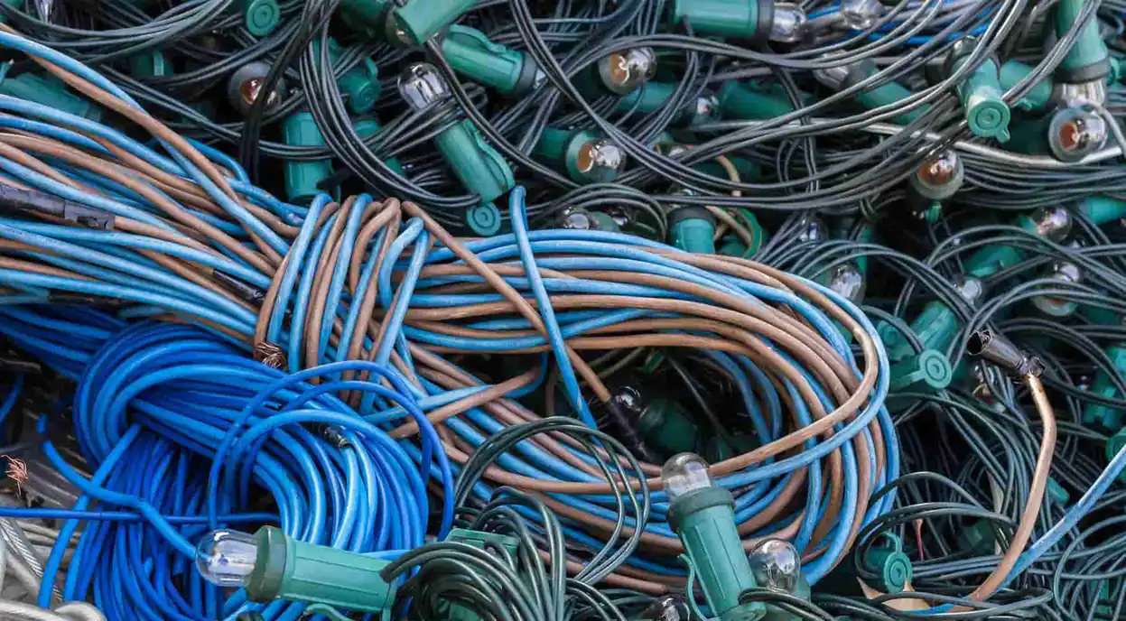 Pile of tangled electric wires and green light bulbs